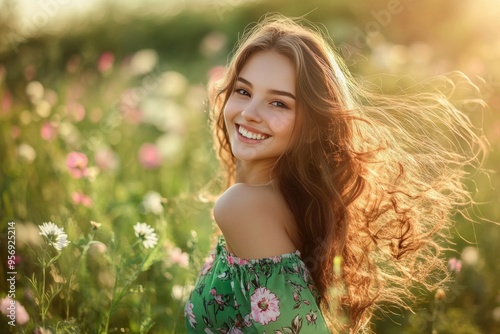 A joyful girl stands in a blooming meadow. The sunlight glows behind her. She has long hair and wears a beautiful green dress. Nature surrounds her. Generative AI