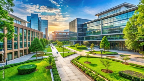 Elegant university campus scenery with modern buildings, lush greenery, and walkways, conveying a sense of innovation, education, and intellectual exploration.