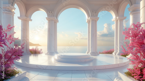 Greek Stage with Circular White Marble Podium  Ionic Columns  and Beautiful Flowers for Product Presentation