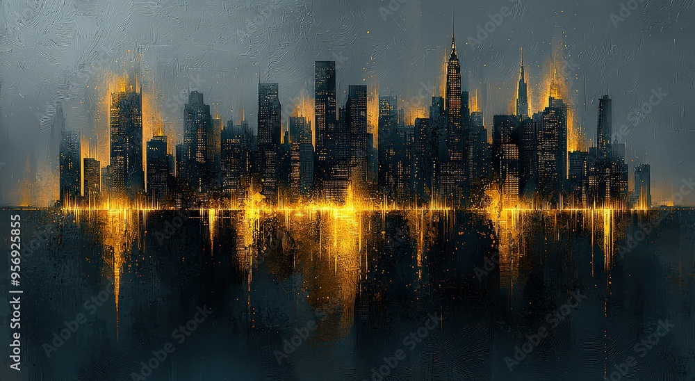 Obraz premium Abstract painting of the city skyline, in gold and black, with brushstrokes, minimalistic