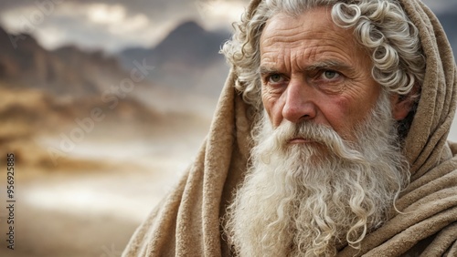 Close-up portrait old man long white beard curly Biblical event