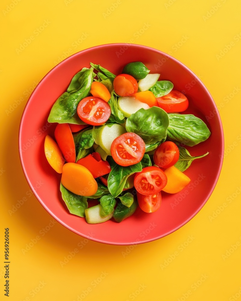 Vibrant salad featuring fresh greens and colorful vegetables in a modern bowl against a bright yellow background. Vibrant salad featuring fresh greens and colorful vegetables in a modern bowl against a bright yellow background.