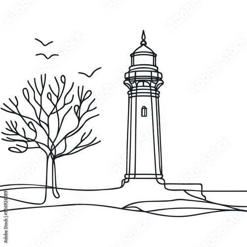 Continuous simple line drawing of lighthouse icon isolated on white background