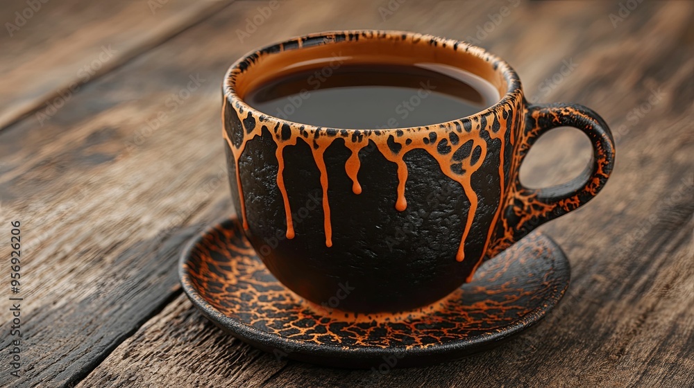 Black and Orange Coffee Mug on Wooden Table Black and Orange Coffee Mug on Wooden Table