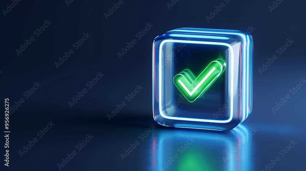 3D green checkmark inside a transparent cube on a smooth blue background, symbolizing confirmation, approval, and success. 3D green checkmark inside a transparent cube on a smooth blue background, symbolizing confirmation, approval, and success.