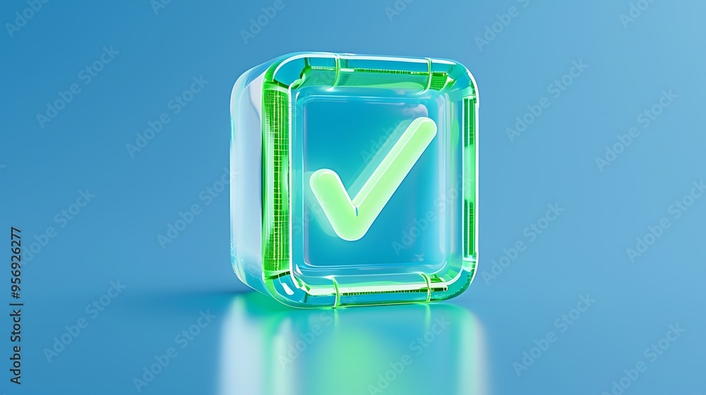 3D green checkmark inside a transparent cube on a blue background, symbolizing approval, validation, or success. 3D green checkmark inside a transparent cube on a blue background, symbolizing approval, validation, or success.