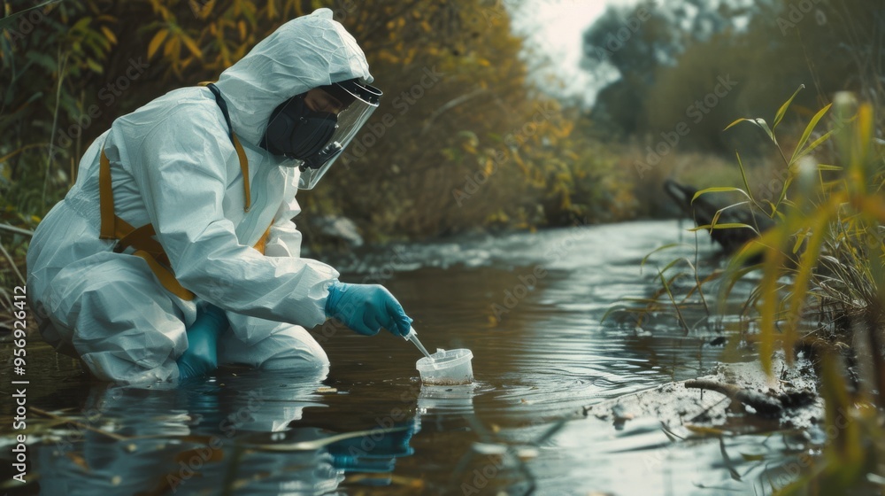A person in protective gear collects a water sample from a stream in a natural, wooded area, emphasizing environmental research and fieldwork. A person in protective gear collects a water sample from a stream in a natural, wooded area, emphasizing environmental research and fieldwork.