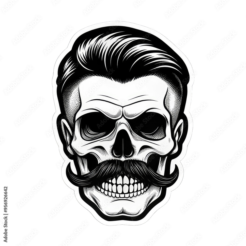 Fototapeta premium PNG. A strikingly detailed pop art sticker of a DJ skull adorned with a handlebar mustache and a stylish posh undercut haircut against a solid black background. Intricate Pop Art Sticker of DJ Skull
