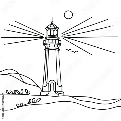 Continuous simple line drawing of lighthouse icon isolated on white background.