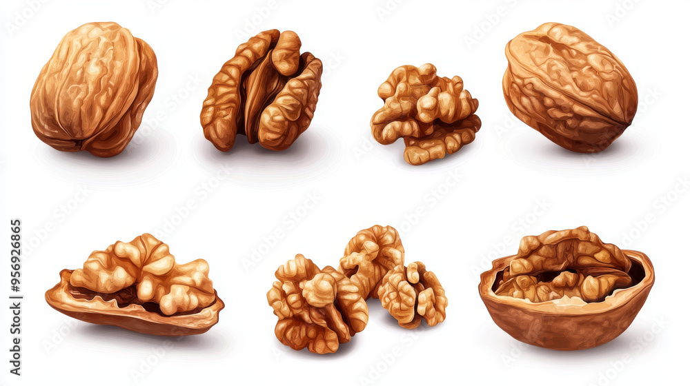 Set of delicious walnuts, featuring whole walnuts and halved shells revealing the nut inside, isolated on a white background. Set of delicious walnuts, featuring whole walnuts and halved shells revealing the nut inside, isolated on a white background.