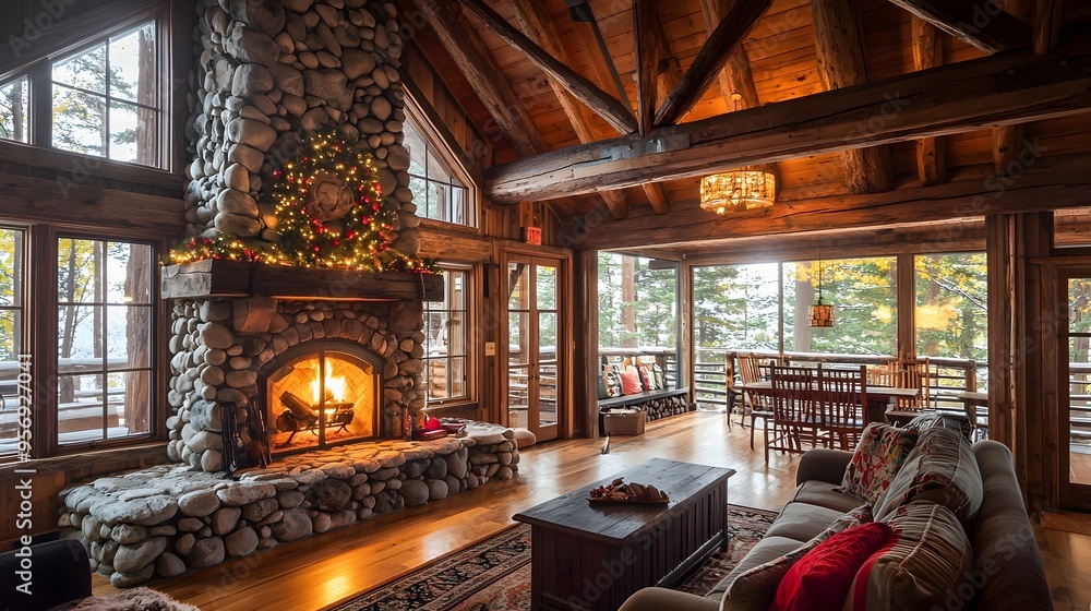Cozy Rustic Cabin Interior with Inviting Fireplace and Wooden Beams Cozy Rustic Cabin Interior with Inviting Fireplace and Wooden Beams
