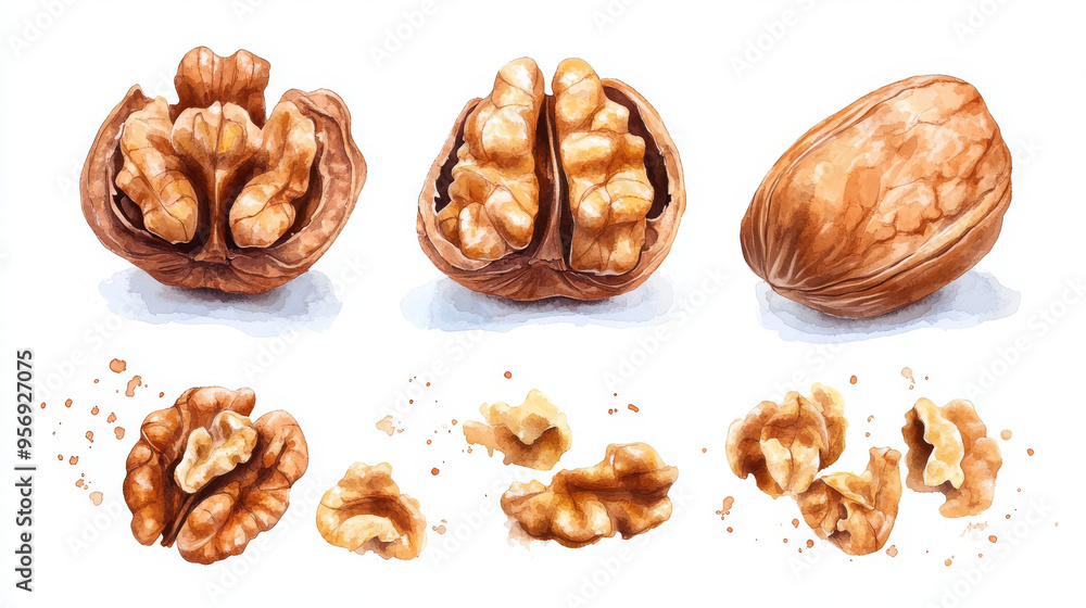 Set of delicious walnuts, featuring whole walnuts and halved shells revealing the nut inside, isolated on a white background. Set of delicious walnuts, featuring whole walnuts and halved shells revealing the nut inside, isolated on a white background.