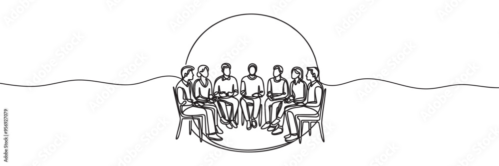 group of people sitting in a circle for a discussion or meeting drawn by one line. Vector illustration. group of people sitting in a circle for a discussion or meeting drawn by one line. Vector illustration.