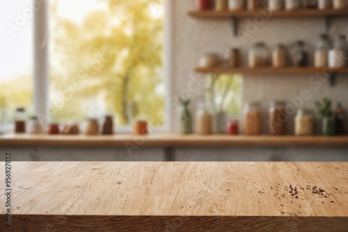 Close-up wooden table top foreground blurred background kitchen