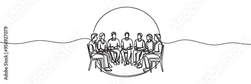 group of people sitting in a circle for a discussion or meeting drawn by one line. Vector illustration.