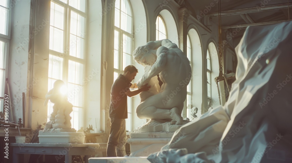 In a sunlit studio, a dedicated artist works intently on a large sculpture, capturing the essence of human form in intricate detail amidst surrounding statues. In a sunlit studio, a dedicated artist works intently on a large sculpture, capturing the essence of human form in intricate detail amidst surrounding statues.