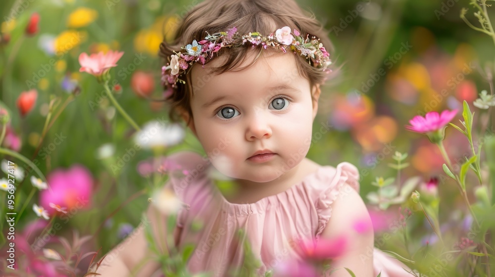 Curious one year old baby in a crown and pink dress surrounded by vibrant meadow flowers Curious one year old baby in a crown and pink dress surrounded by vibrant meadow flowers