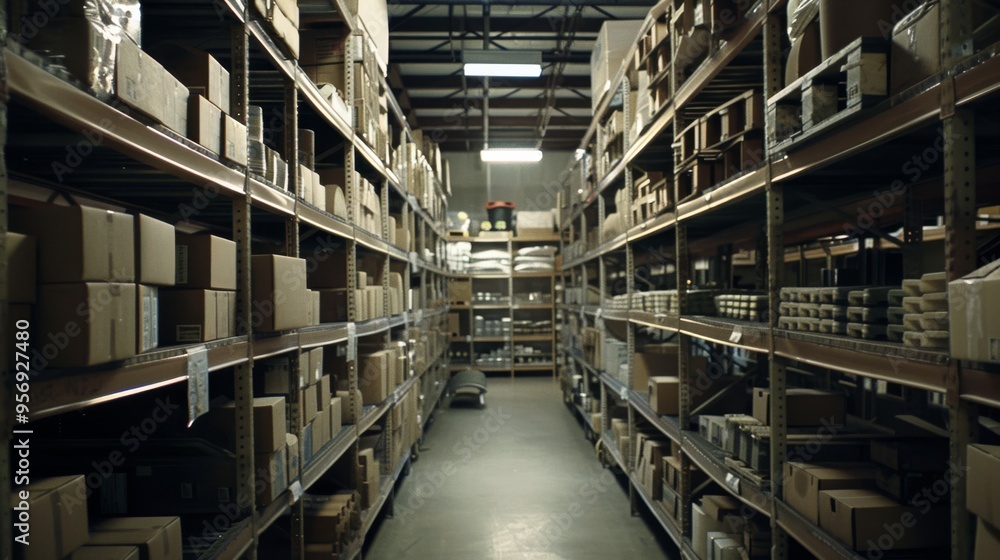 Fototapeta premium A narrow aisle in a warehouse filled with shelves lined with boxes, showcasing a tightly packed, well-organized inventory management system.