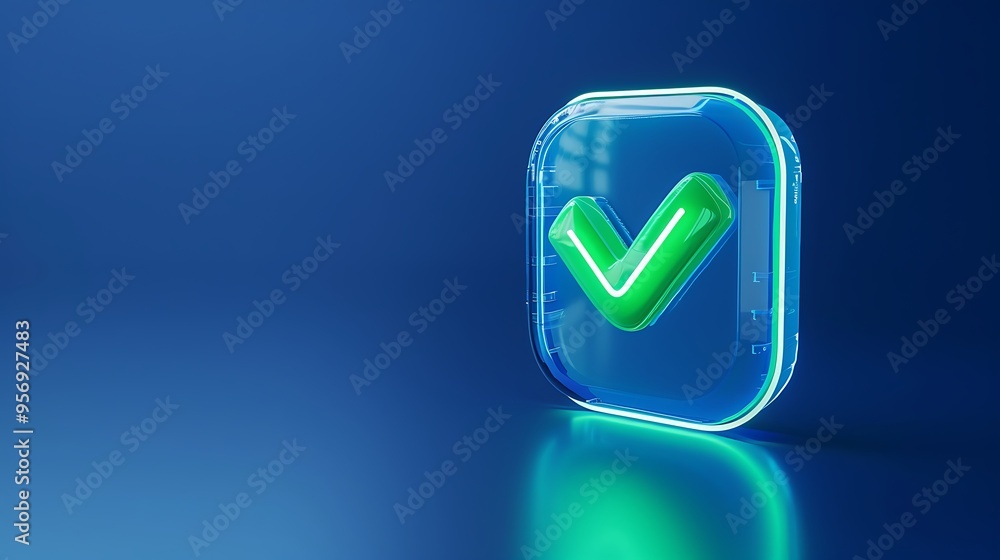 3D illuminated green check mark icon on dark blue background, representing approval, success, or completion. 3D illuminated green check mark icon on dark blue background, representing approval, success, or completion.