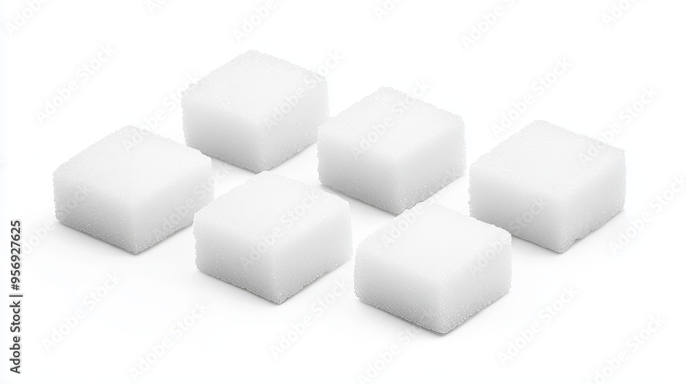 Set of white sugar cubes, each with a granular texture, arranged separately on a white background. Set of white sugar cubes, each with a granular texture, arranged separately on a white background.
