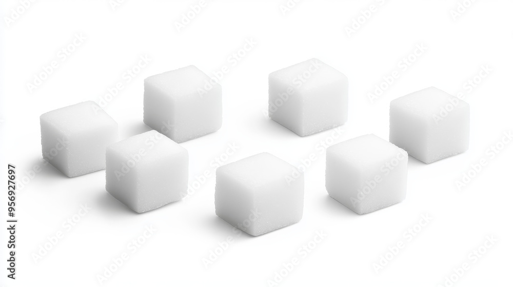 Set of white sugar cubes, each with a granular texture, arranged separately on a white background. Set of white sugar cubes, each with a granular texture, arranged separately on a white background.