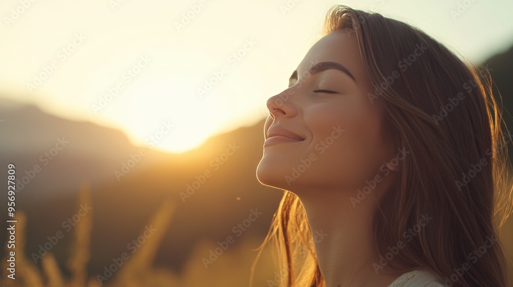 A serene woman enjoys the warmth of the sun, embodying peace and tranquility against a scenic outdoor backdrop. A serene woman enjoys the warmth of the sun, embodying peace and tranquility against a scenic outdoor backdrop.