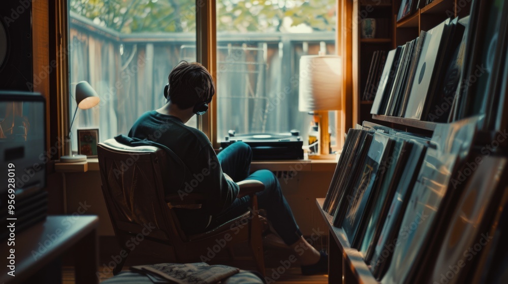 A person sits in a cozy room wrapped in relaxation, listening to vinyl records with headphones, enjoying a peaceful moment. A person sits in a cozy room wrapped in relaxation, listening to vinyl records with headphones, enjoying a peaceful moment.