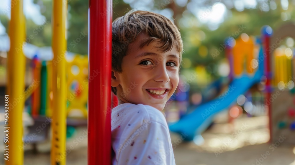 A young boy in a playground setting leans against a red pole, exuding a warm and friendly smile that captures the essence of pure childhood happiness. A young boy in a playground setting leans against a red pole, exuding a warm and friendly smile that captures the essence of pure childhood happiness.