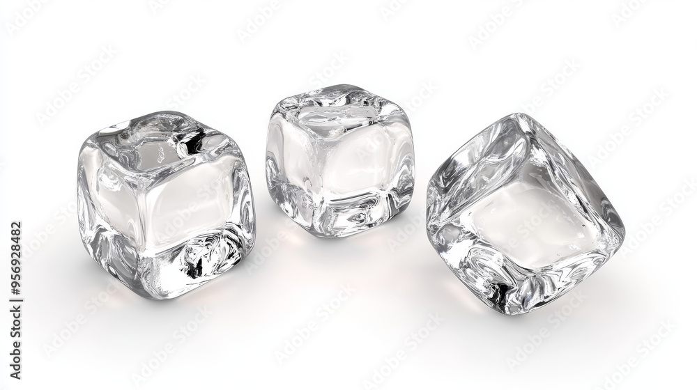 Three transparent ice cubes, floating individually on a pure white background. Three transparent ice cubes, floating individually on a pure white background.