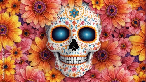 Digital illustration sugar skull surrounded by colorful flowers