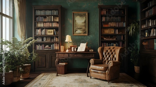 Charming vintage living room featuring an antique writing desk a distressed leather armchair and a grand bookshelf creating a cozy and sophisticated atmosphere for a home office or study