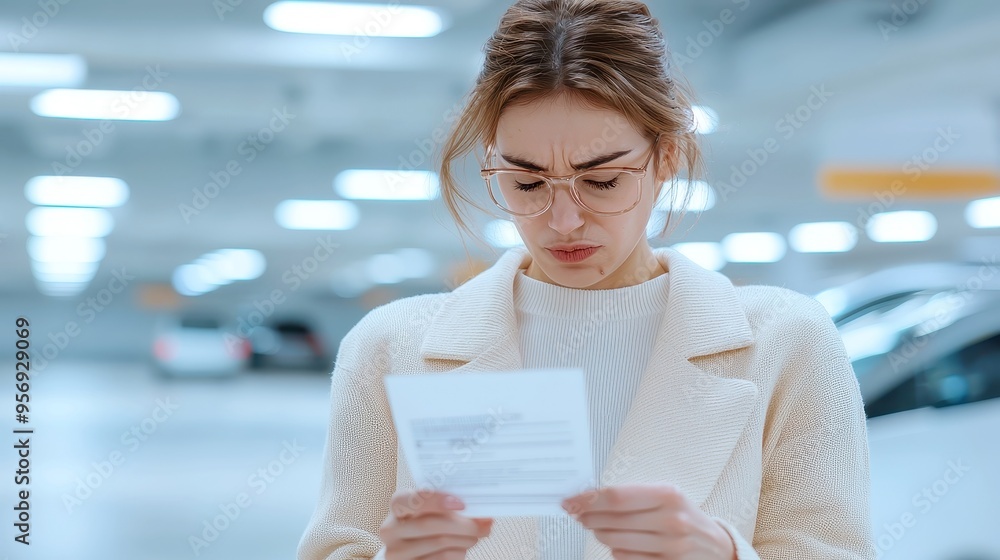 Frustrated driver in underground parking, examining a parking ticket, surrounded by empty spaces, conveying disappointment and irritation in a subdued environment. Frustrated driver in underground parking, examining a parking ticket, surrounded by empty spaces, conveying disappointment and irritation in a subdued environment.
