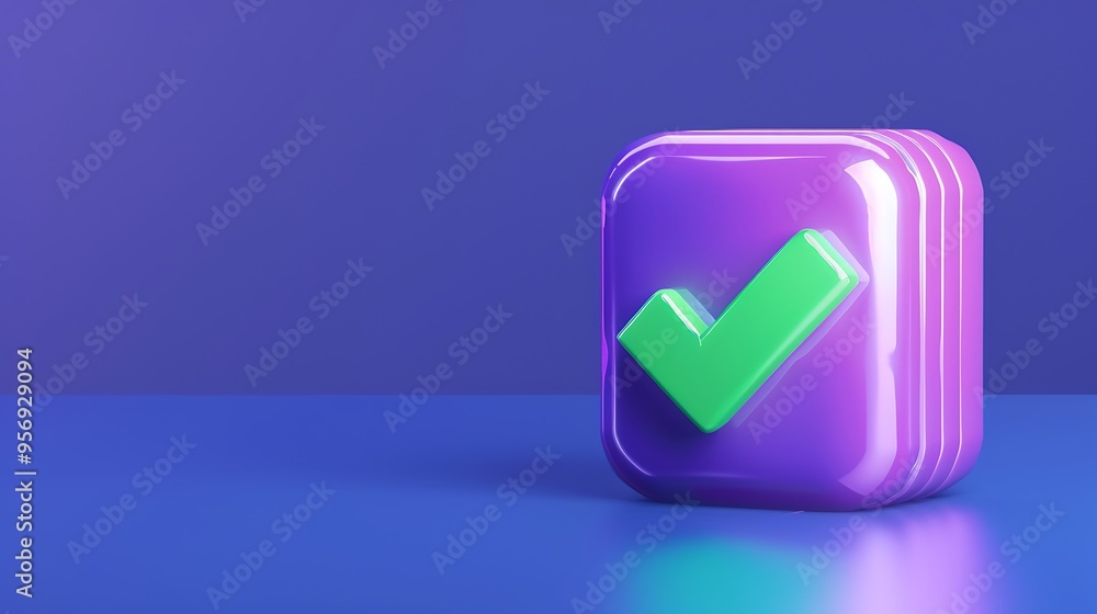 3D illustration of a green checkmark inside a purple cube on a blue background, symbolizing success, approval, and confirmation. 3D illustration of a green checkmark inside a purple cube on a blue background, symbolizing success, approval, and confirmation.