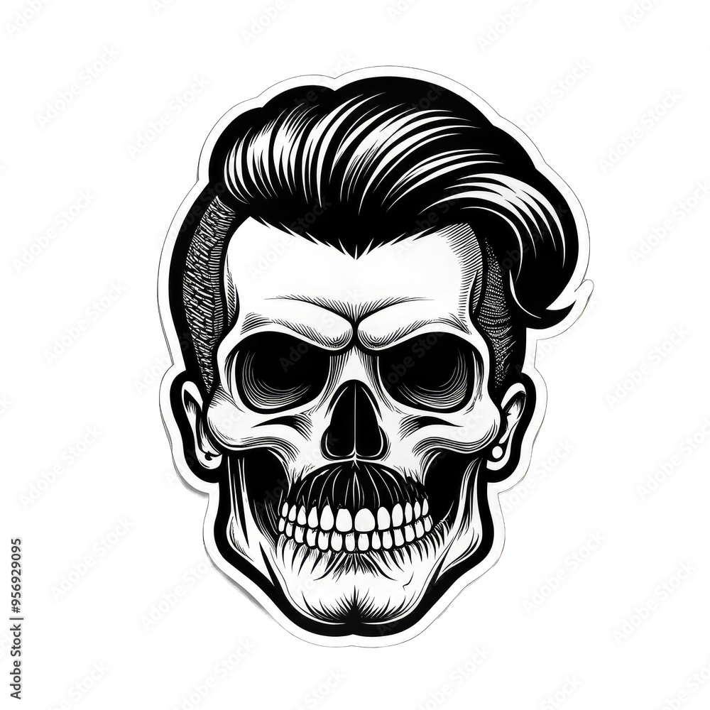 PNG. A strikingly detailed pop art sticker of a DJ skull adorned with a handlebar mustache and a stylish posh undercut haircut against a solid black background. Intricate Pop Art Sticker of DJ Skull PNG. A strikingly detailed pop art sticker of a DJ skull adorned with a handlebar mustache and a stylish posh undercut haircut against a solid black background. Intricate Pop Art Sticker of DJ Skull