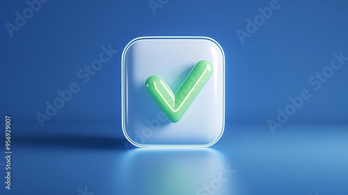 3D illustration of a green checkmark icon on a blue background, symbolizing approval, verification, and success. Modern digital design.