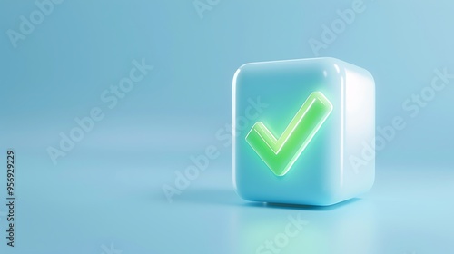 Wallpaper Mural 3D illustration of a green checkmark on a blue glossy cube symbolizing approval, success, and agreement on a blue background. Torontodigital.ca