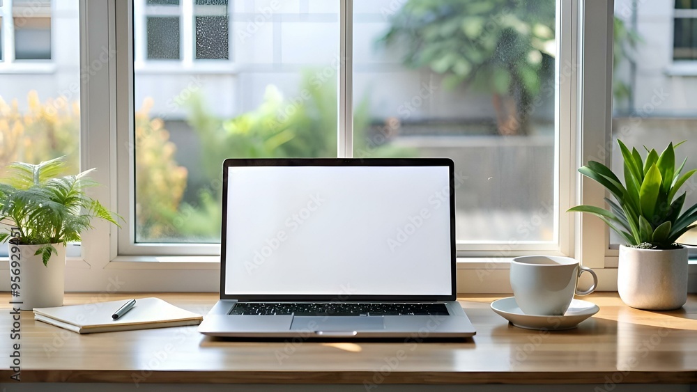 Modern laptop with blank screen on a wooden desk. near a window with a bright. natural light. Modern laptop with blank screen on a wooden desk. near a window with a bright. natural light.
