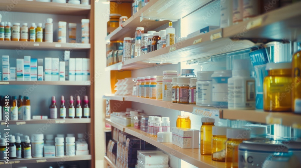 A side view of pharmacy shelves filled with an assortment of medicine bottles, boxes, and containers, indicating a busy and stocked pharmacy. A side view of pharmacy shelves filled with an assortment of medicine bottles, boxes, and containers, indicating a busy and stocked pharmacy.
