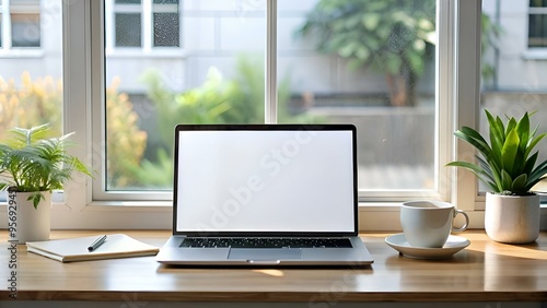 Wallpaper Mural Modern laptop with blank screen on a wooden desk. near a window with a bright. natural light. Torontodigital.ca
