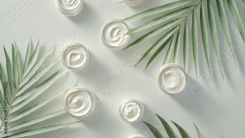 Flat lay six white jars cream background are Skincare products o