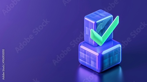 3D illustration of blue cubes with a green checkmark on a blue background. Perfect for technology, approval, or validation concepts.