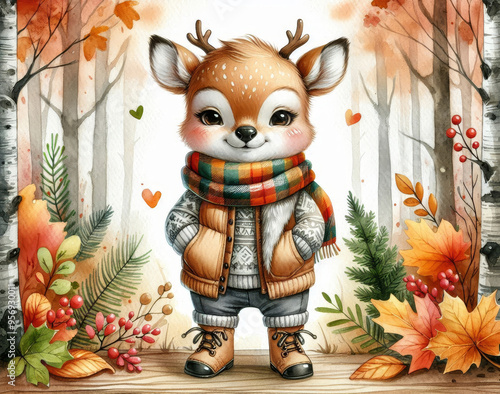 A charming watercolor illustration of a sweet deer wearing a warm vest and scarf, standing in an autumn forest. The deer's friendly face, cozy outfit, and the vibrant fall foliage create a heartwarmin photo