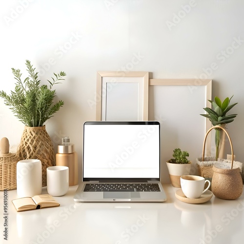 A minimalist workspace mockup featuring a laptop with a blank screen. framed pictures. and a cup of coffee.