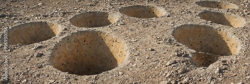 Group six large circular holes ground are made Dynamite filled h photo