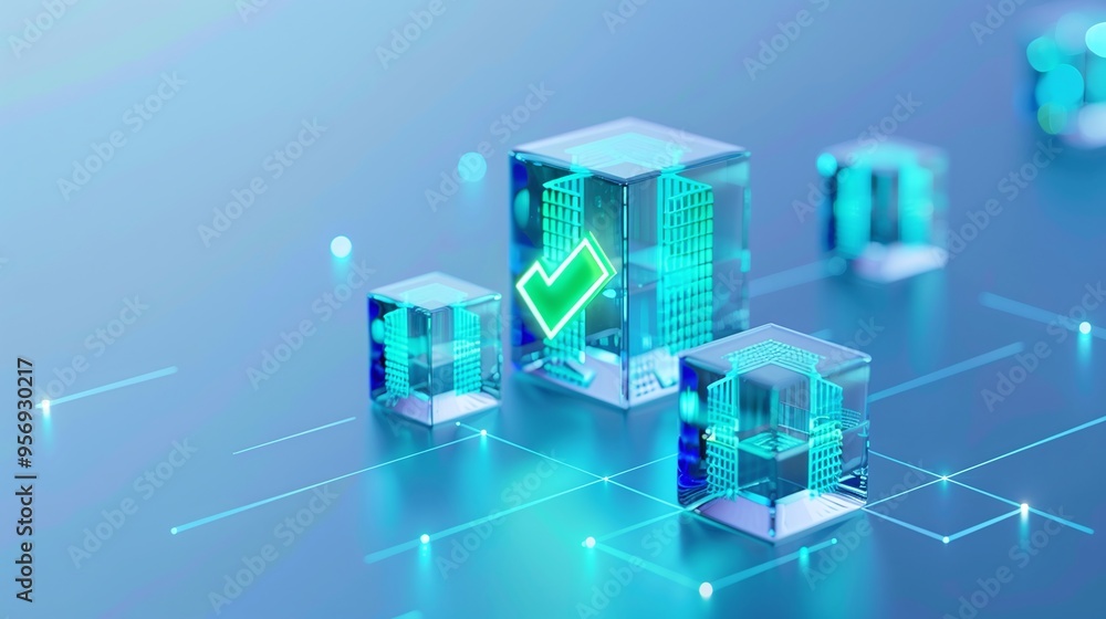 3D illustration showcasing futuristic technology blocks with glowing check mark representing blockchain and data security in digital space. 3D illustration showcasing futuristic technology blocks with glowing check mark representing blockchain and data security in digital space.
