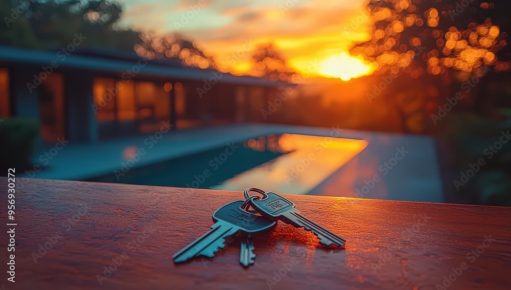Fototapeta premium keys on a table in front of a modern house, during the golden hour