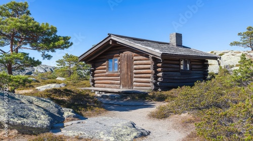 An old log cabin stands amid tall pine trees, surrounded by lush greenery, with a bright blue sky overhead, capturing the essence of a perfect summer day in nature