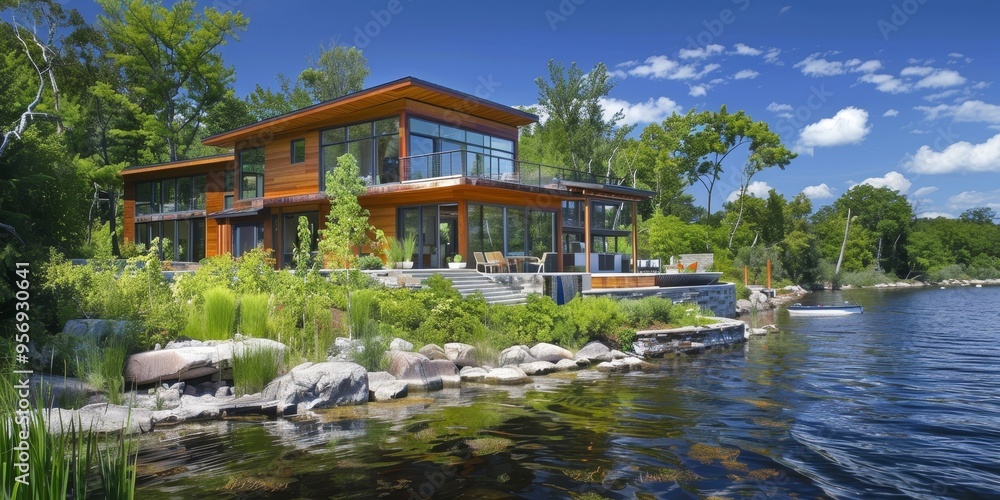 Obraz premium A lakeside eco house with energy-efficient windows and eco-friendly lakeshore landscaping