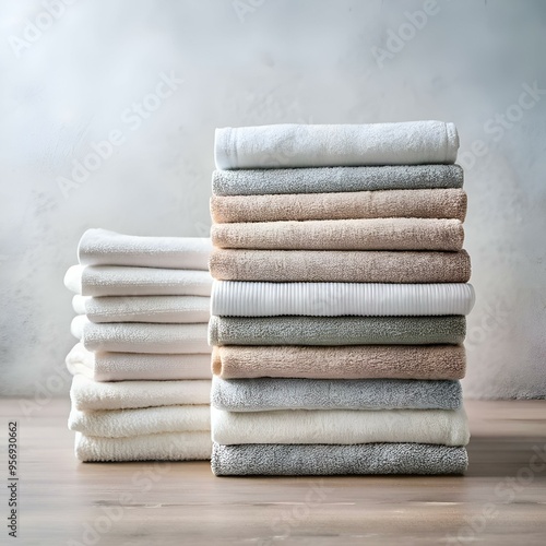 A neatly stacked pile of plush towels in various colors. perfect for adding a touch of spa like elegance to your home decor or marketing materials. photo