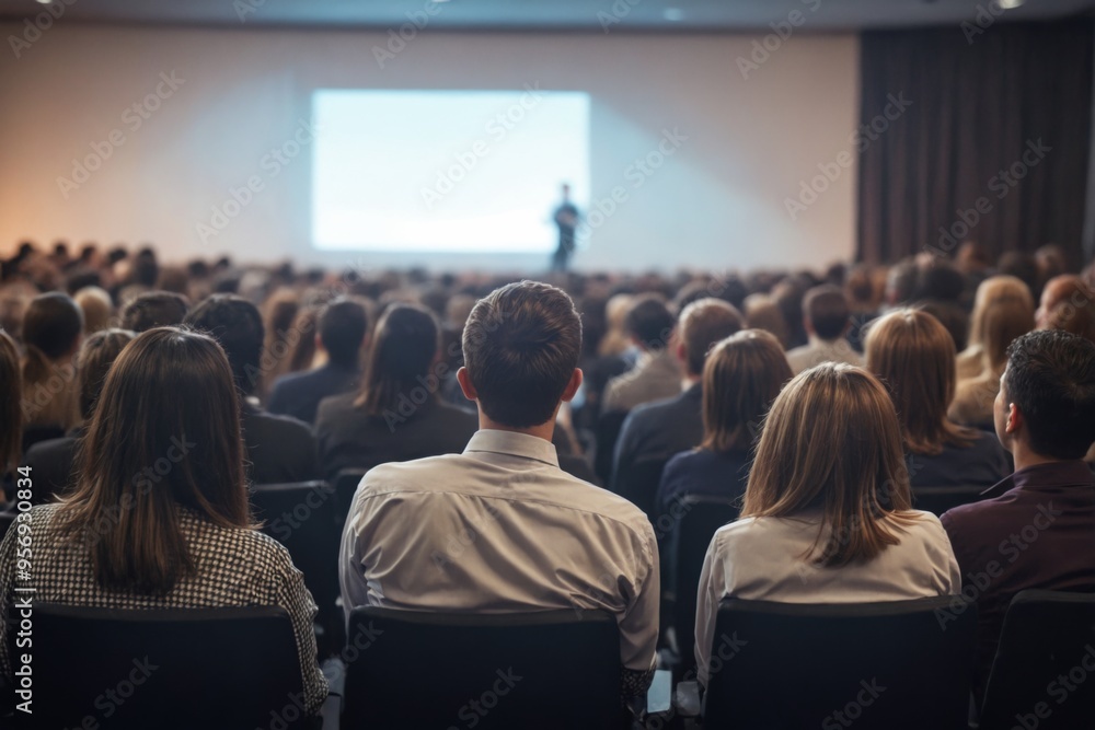 Large auditorium filled people sitting rows chairs facing Busine Large auditorium filled people sitting rows chairs facing Busine